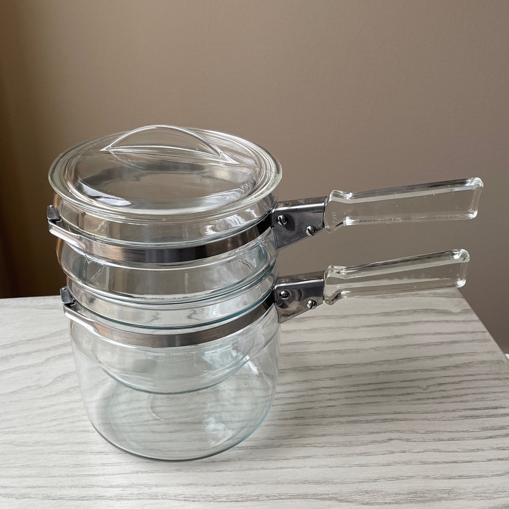 Vintage Pyrex Flameware  Glass Double Boiler 6763 Stove Top Cookware 3 PC